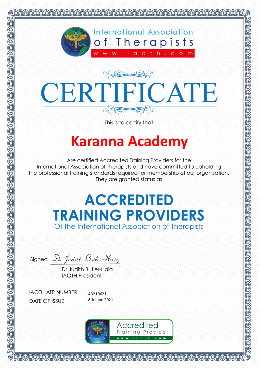 Karanna Academy Anca Bogdan Training Provider Account IAOTH