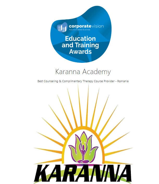 Karanna Academy© a câștigat premiul 2022 "Best Counseling & Complimentary Therapy Course Provider - Romania" - "Cel mai bun Furnizor de Cursuri de Terapie și Consiliere - România" Karanna Academy© a câștigat premiul 2022 "Best Counseling & Complimentary Therapy Course Provider - Romania" - "Cel mai bun Furnizor de Cursuri de Terapie și Consiliere - România"